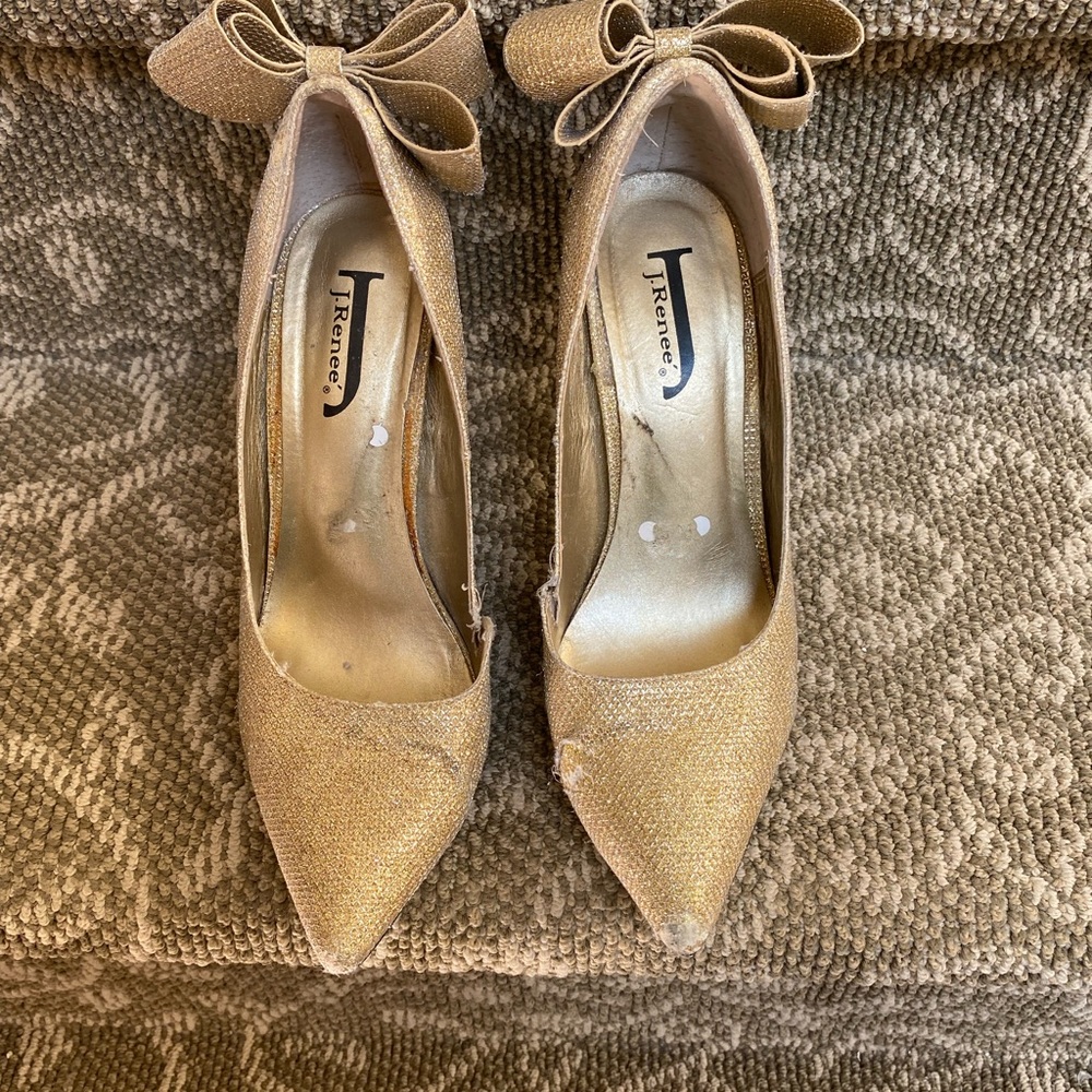 J.Reneé glitter gold high heels with bow accent